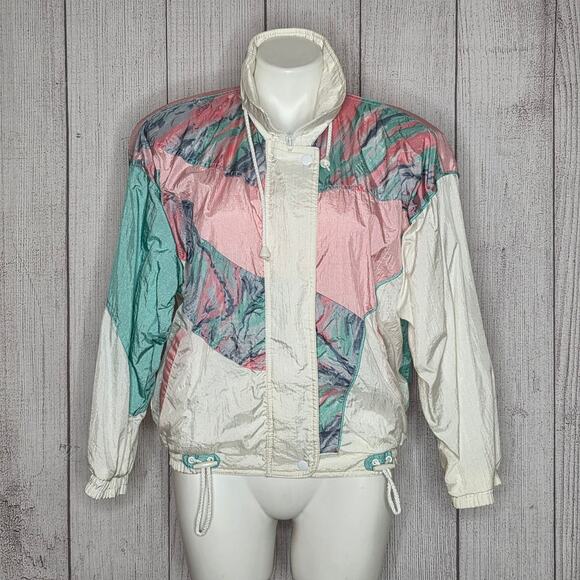 VTG 90s Pink & Green Pastel Windbreaker Jacket with Shoulder Pads, sz Small - Picture 2 of 6